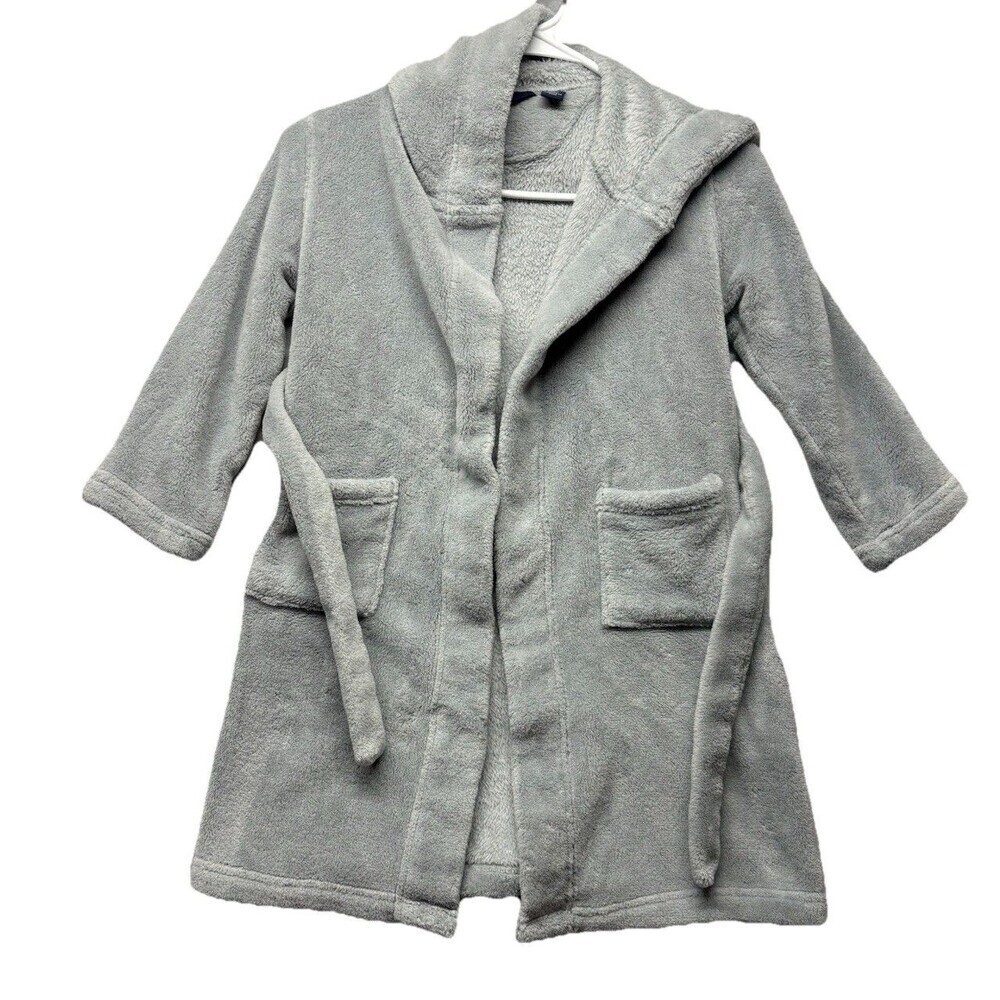 Lands' End Kids Gray Plush Fleece Bathrobe Size 4 Hood Attached Belt Robe